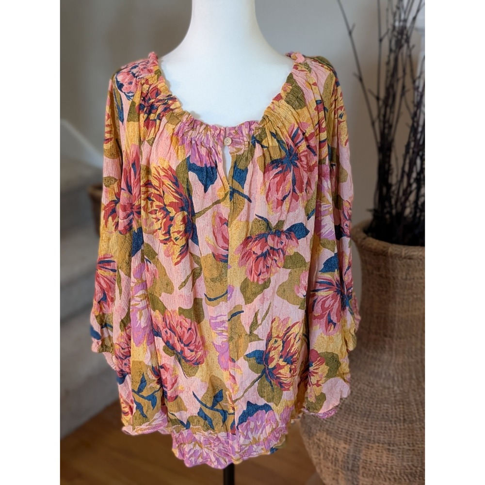 Romantic Cottagecore Rose Floral Crinkle Top 4X Mustard Pink Keyhole Neck